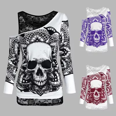 Buy Women's Gothic Long Sleeve T-Shirt Ladies Cold Shoulder Punk Club Top Blouses • 3.99£
