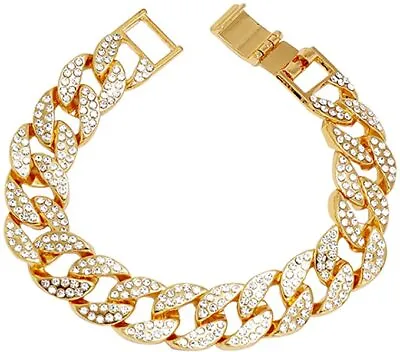 Buy Mens Cuban Chain Bracelet Gold Rhinestone Solid Wrist Chains Jewellery Gift Wear • 4.99£