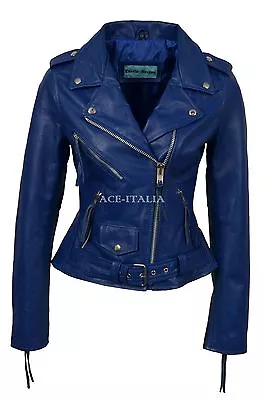 Buy Ladies Leather Jacket Blue BRANDO Fitted Urban Look Biker Jacket MBF • 95.80£