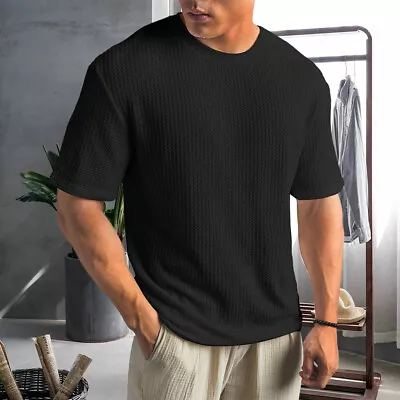 Buy Mens Waffle Ribbed Summer T Shirt Crew Neck Short Sleeve Casual Solid Basic Tops • 12.09£
