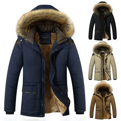 Buy Men's Thicken Warm Parka Hooded Jacket Fud Outdoor Winter Coat • 44.42£