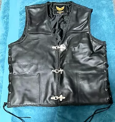 Buy Mens XL Fishhook Buckle Braided Black Real Leather Side Lace Biker Waistcoat XL • 45£