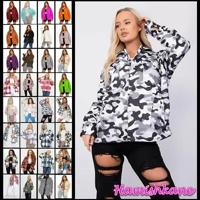 Buy Womens Tartan Check Jacket Ladies Oversize Fleece Shacket Baggy Casual Shirt Top • 9.26£