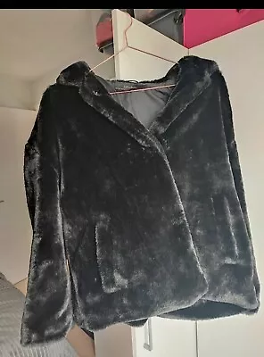Buy Women Zara Basic Size Uk Small Black Faux Fur Teddy Bear Fleece Hood Jacket Coat • 20£