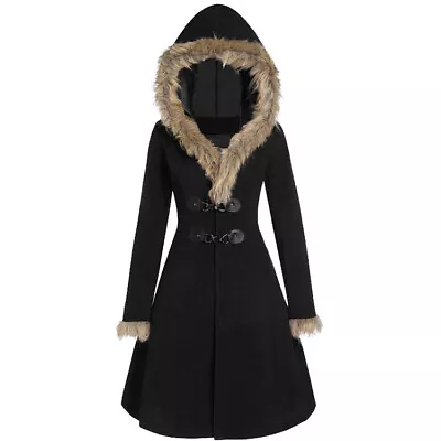 Buy Womens Wool Blend Trench Outwear Slim Fit Faux Fur Long Sleeves Hoodie Overcoat • 35.60£