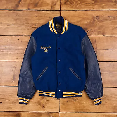 Buy Vintage Rock Creek Varsity Jacket M 90s Bomber Leather Wool USA Made Blue Snap • 49.99£