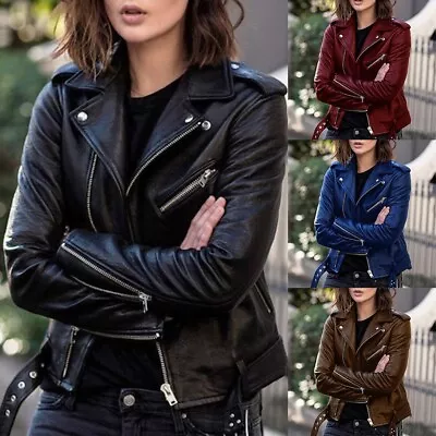 Buy Classic Ladies Biker Jacket With Lapel In Slim Fit Faux PU Leather Plus Size • 22.61£