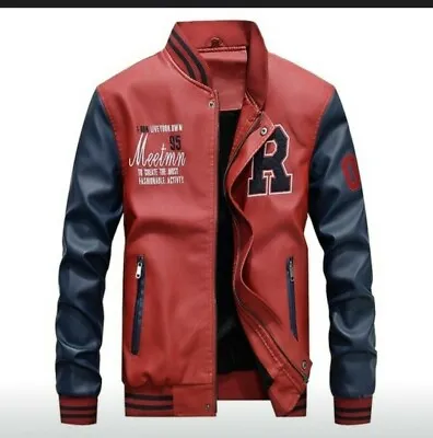 Buy Men Collar Leather Hip Hop Plus Size Fleece Pilot Embroidery Baseball Jacket (L) • 49.99£