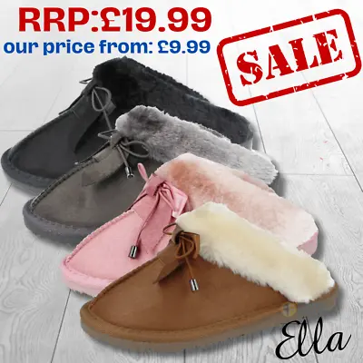 Buy Ladies Ella Memory Foam Faux Suede Fluffy Fur Trim Lined Slip On Mule Slippers  • 9.99£