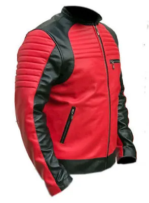 Buy Men's Quilted Red And Black Faux Leather Designer Motorcycle Biker Jacket • 59.99£