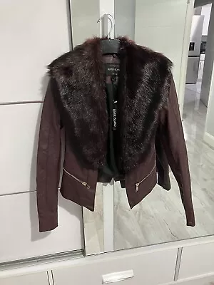 Buy River Island Dark Red Burgundy Faux Leather Fur Collar Fitted Jacket Coat Size 6 • 40£