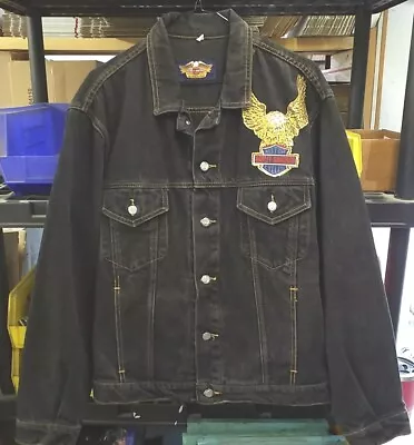 Buy Harley Davidson Branded Black Denim Jacket Vintage Eagle Front And Back Size Med • 113.66£