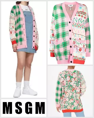 Buy MSGM Cardigan Size UK 10 Int M Intarsia Floral Check Patchwork MADE IN ITALY • 145£