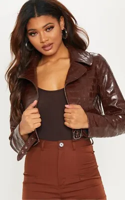 Buy Pretty Little Thing Brown PU Croc Leather Jacket • 20£