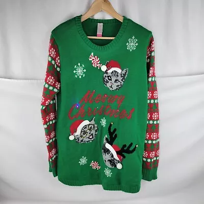 Buy Ugly Christmas Sweater Meowy Christmas Cat Lights Juniors XXL 19 No Boundaries • 37.88£