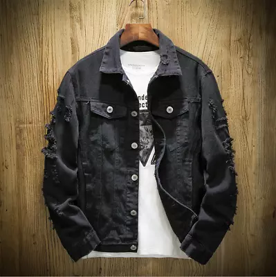 Buy Men's Distressed Ripped Denim Jacket Retro Trucker Jean Coat Fashion Outwear • 43.19£