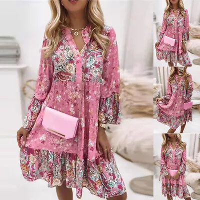 Buy Womens Boho Floral Mini Dress Ladies Long Sleeve Baggy Ruffle Swing Shirt Dress • 2.99£