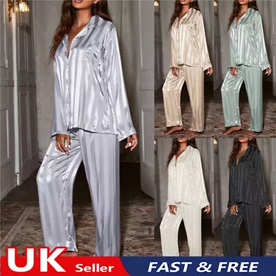 Buy Women Lady Plain Silky Satin Pyjamas Silk PJ'S Sleepwear Long Sleeve Nightwear • 11.79£