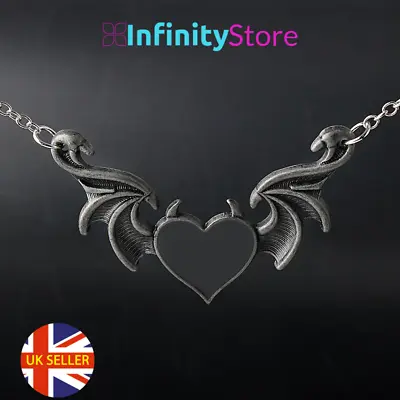 Buy Black Heart Necklace Gothic Wings Pewter Pendant Goth Jewellery Gothic UK • 6.45£