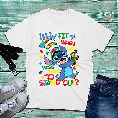 Buy Why Fit In When You Were Born To Stand Lilo & Stitch T-Shirt Autism Awareness Te • 11.99£