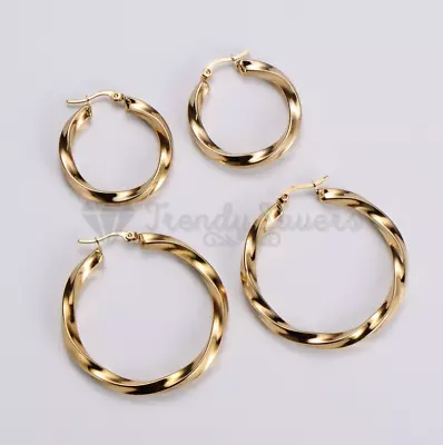 Buy 9ct Gold Plated Stainless Steel Twisted Click Top Big Small Hoop Earrings • 3.99£