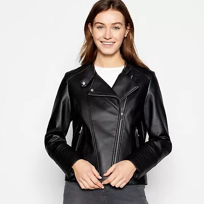 Buy Principles Womens Faux Leather Jacket Size 10 Black Biker  • 21.99£