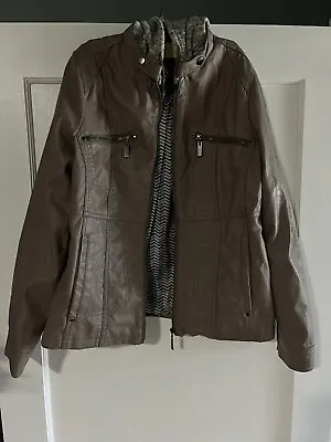 Buy Vanity Faux Leather Jacket Brown Beige With Hood Size Large • 18.98£