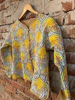 Buy Indian Yellow Floral 100%Cotton Quilted Unisex Jacket Women's Clothing Jacket US • 39.43£