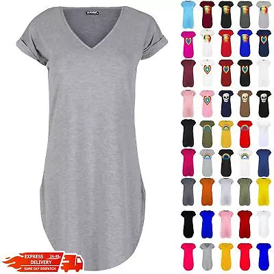 Buy Womens Ladies Plain Curved Hem Oversized Turn Up Sleeve Oversized T-Shirt Dress • 6.99£