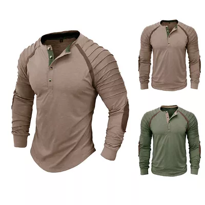 Buy Mens Vintage Basic T Shirt Long Sleeve Button V Neck Sports Army Pullover Tops • 12.19£