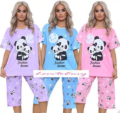 Buy Ladies PJ Set Panda Animal Print Short Sleeve Capri Leg Lounge Teddy Pyjama Set. • 12.95£