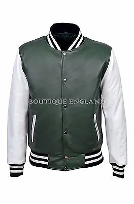 Buy BASEBALL COLLEGE Leather Jacket Green White Sleves Bomber 100% Leather (Varsity) • 119.75£