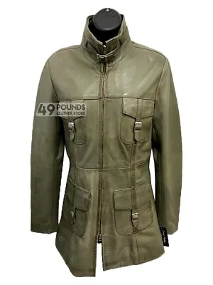 Buy LAUREN Ladies Hip Length Leather Jacket Coat Olive Real Leather Long Jacket • 41.65£