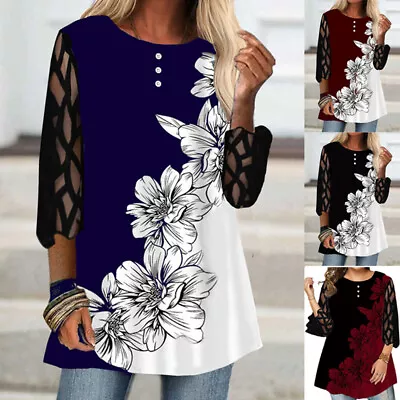 Buy Women's Lace Sleeve Floral Tops Crew Neck Loose Casual T-Shirts Blouse Plus Size • 7.24£