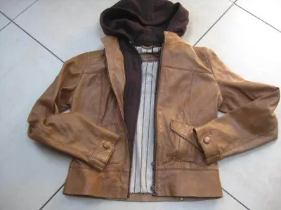 Buy NEXT Real Leather JACKET Hood Racer Hoody Bomber Soft Brown Relaxed Comfort 8 • 64.99£