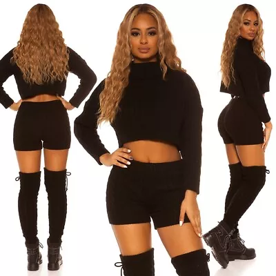 Buy Sexy Black Roll Neck Crop Jumper Knitted Shorts Set S M Loungewear Cable Knit • 19.95£