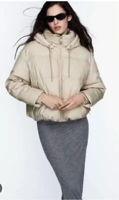 Buy Zara Size XS Cream Faux Leather Cropped Puffer Jacket Hood • 5£
