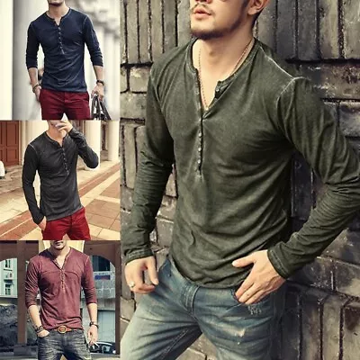 Buy Mens Casual T-shirt Long Sleeve Solid Tops Raglan Pullover V-neck Cotton Shirts • 21.73£