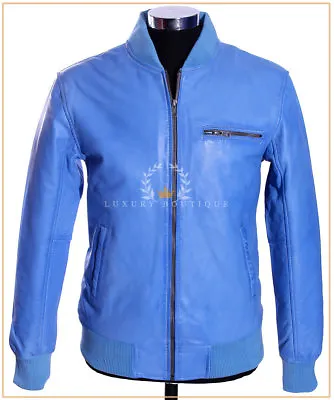 Buy 70's Bomber Sky Blue (S-275Z) Men's Baseball Style Real Lambskin Leather Jacket • 109.99£