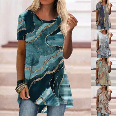 Buy Womens Summer Printed Tunic Tops Ladies Casual Loose Short Sleeve Blouse T-Shirt • 2.59£