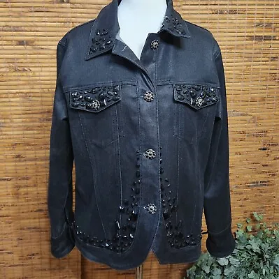 Buy Jean Jacket Embellished M Diane Gilman Black Denim LN Beaded • 26.05£