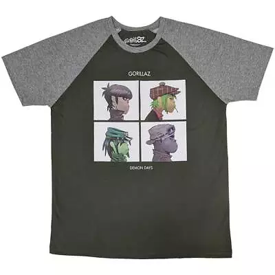 Buy Gorillaz 'Demon Days' Khaki Green / Grey Raglan T Shirt - NEW • 15.49£