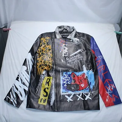 Buy The Flyest Teddy FauxLeather Moto Jacket Mens Large Black Graffiti PU Biker • 74.99£