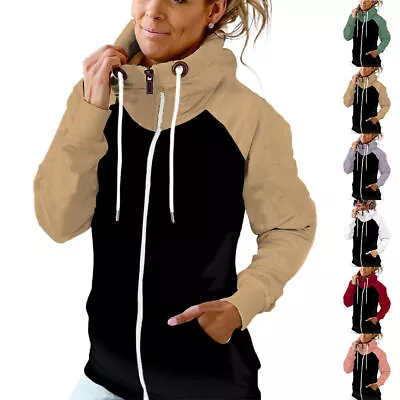 Buy Plus Size Womens Patchwork Zip Up Hoodie High Neck Sweatshirt Jacket Coat Top ` • 20.29£