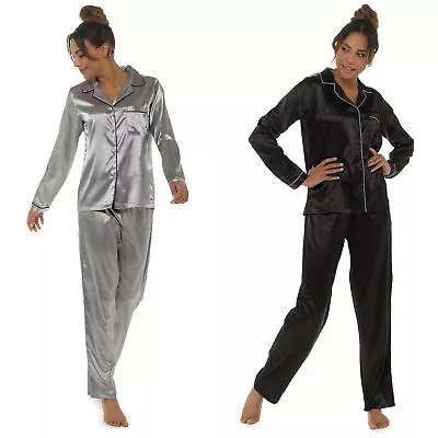 Buy Ladies Classic Satin Pyjamas With Contrast Piping  • 19.86£