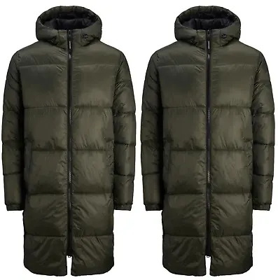 Buy Jack & Jones Long Puffer Coat Jacket Mens Rosin Green Full Zip Winter Coat • 29.99£