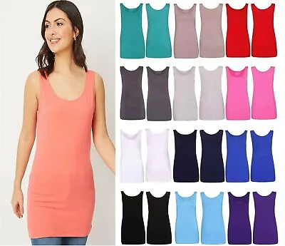 Buy Ladies Round Scoop Neck Sleeveless Long Stretch Plain Vest Top Yoga Gym Sports • 5.99£