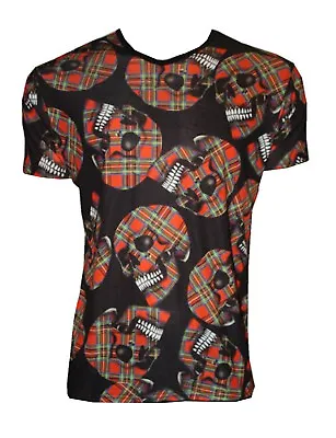 Buy Men's Unique Red Tartan Skulls  Print T-shirt Top Goth Punk Emo • 21.99£
