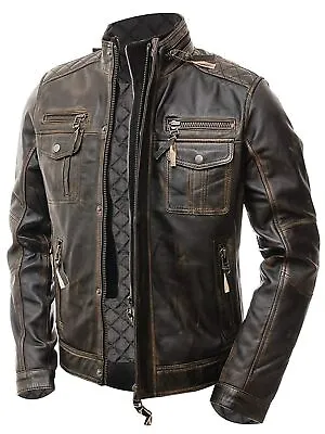 Buy Men’s Motorcycle Biker Vintage Distressed Brown Cafe Racer Real Leather Jacket • 89.99£