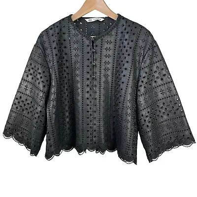 Buy Zara Black Faux Leather Eyelet Lace Shirt Size XL 4369/278 Embroidered Button Up • 28.94£